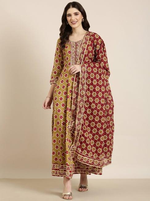 showoff khaki & brown cotton printed kurta with dupatta