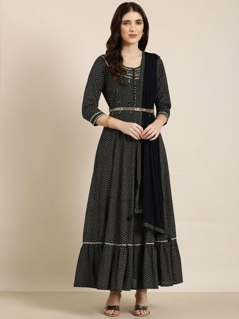 showoff navy cotton embellished kurta with dupatta & belt