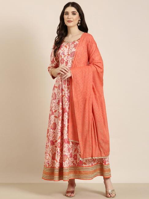 showoff peach cotton floral print kurta