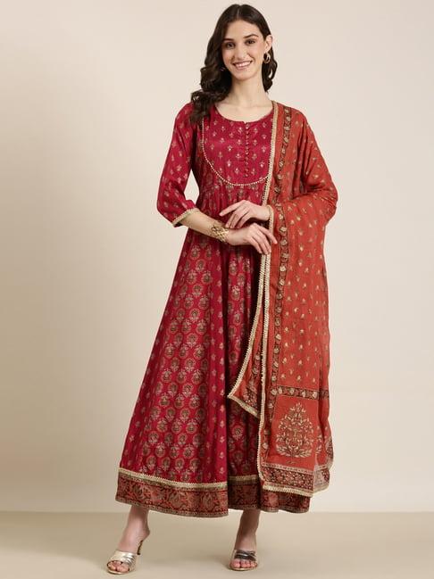 showoff maroon cotton floral print kurta with dupatta