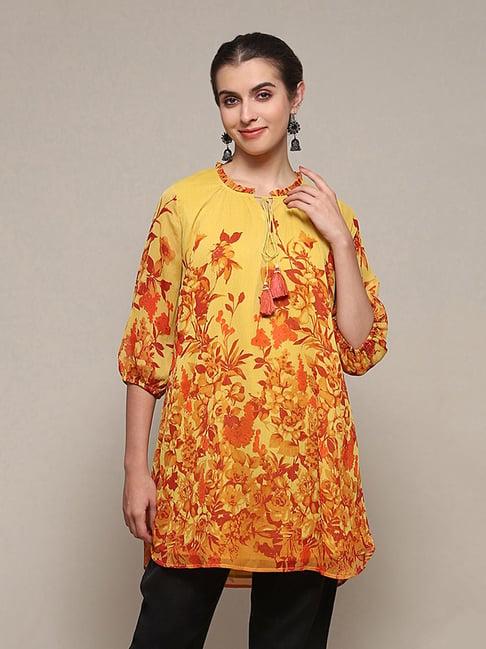 biba yellow floral print a line kurti