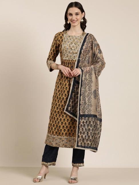 showoff brown embellished kurta with pants & dupatta