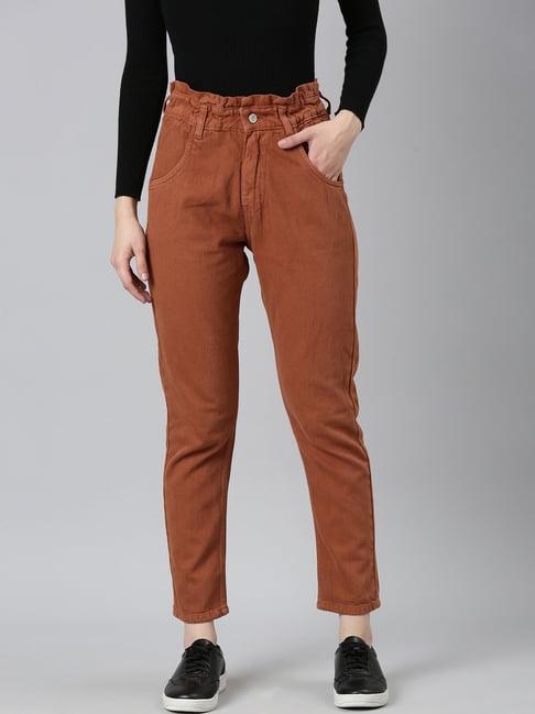 showoff rust denim regular fit mid rise jeans