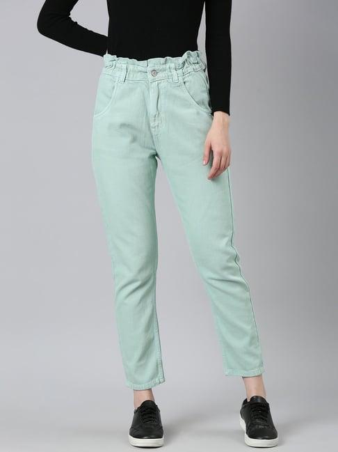 showoff sea green denim regular fit mid rise jeans