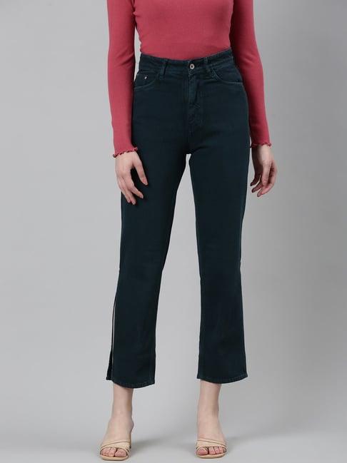 showoff teal denim straight fit mid rise jeans