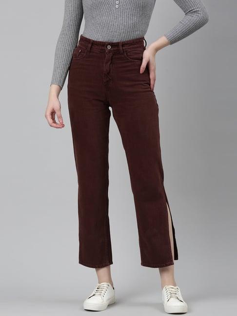 showoff burgundy denim regular fit mid rise jeans