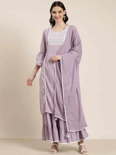 showoff lavender embroidered kurta with sharara & dupatta