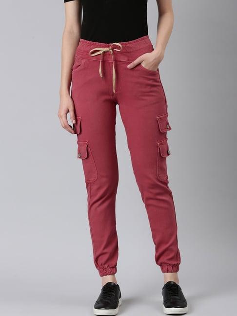 showoff mauve denim regular fit mid rise cargo jeans