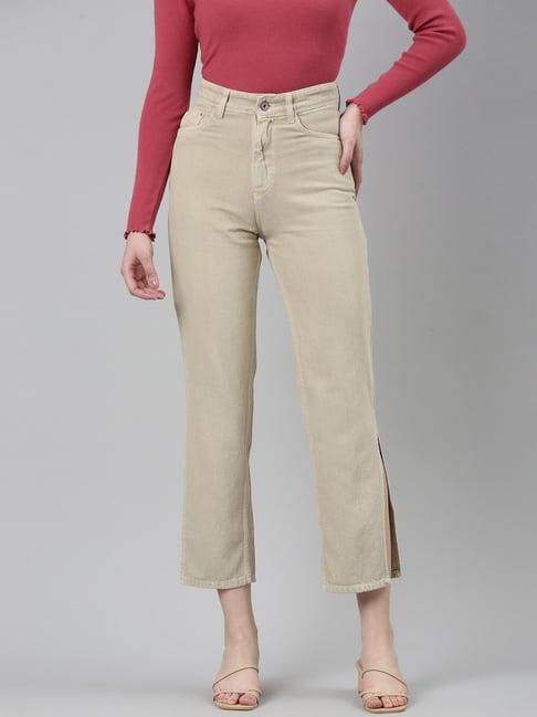 showoff beige denim regular fit mid rise jeans