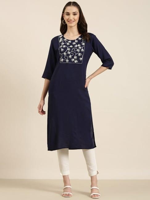 showoff navy cotton regular fit kurta