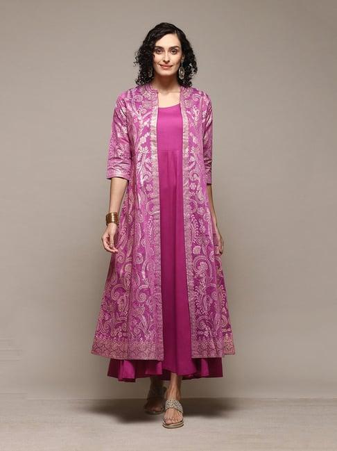 biba magenta printed fit & flare kurta with jacket