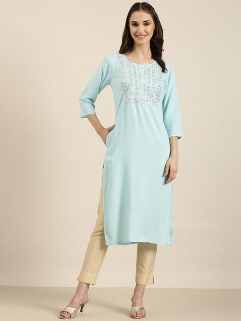 showoff sky blue cotton regular fit kurta