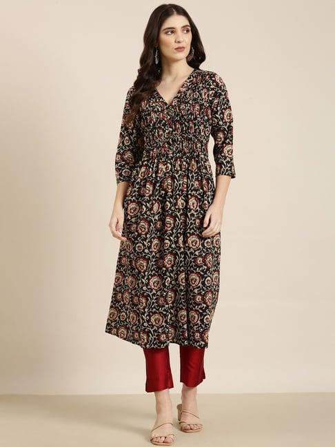 showoff black cotton floral print kurta