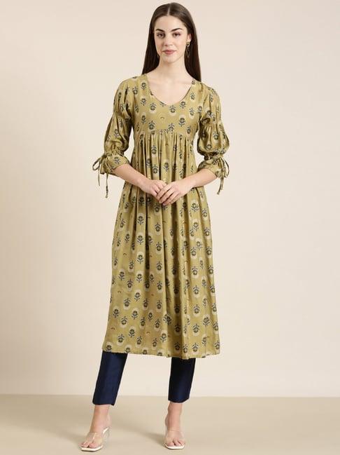 showoff beige cotton floral print kurta