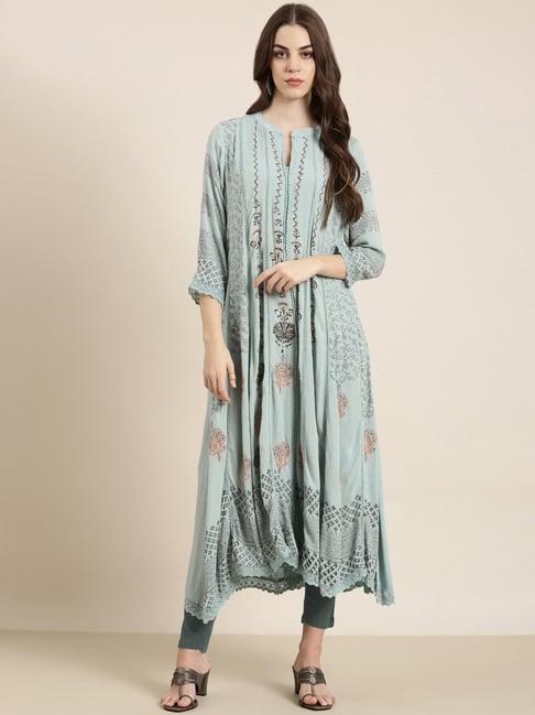 showoff blue cotton floral print kurta