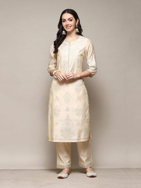 biba off white printed kurta pant set