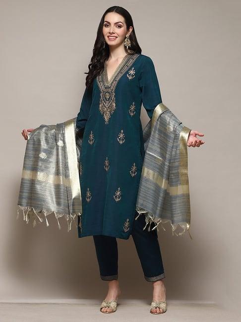 biba teal embroidered kurta with pant & dupatta