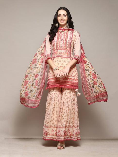 biba off white floral print kurta with sharara & dupatta