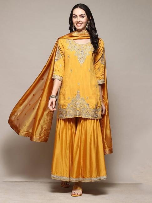 biba mustard embroidered kurta with sharara & dupatta