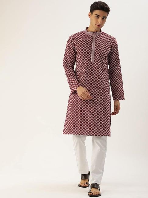 swagg india maroon cotton regular fit embroidered kurta