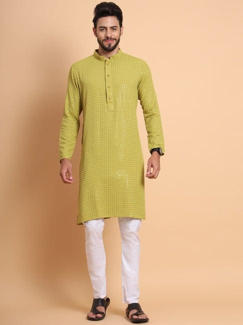 swagg india green regular fit embroidered kurta