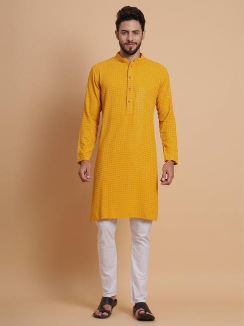 swagg india mustard regular fit embroidered kurta