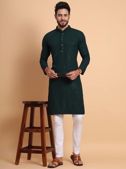 swagg india dark green regular fit embroidered kurta