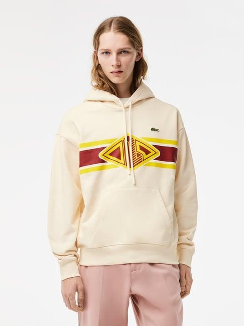 lacoste white cotton loose fit printed hooded sweatshirt