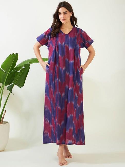 the kaftan company blue & purple cotton striped nighty