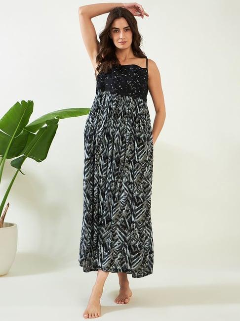 the kaftan company black & sage green printed night dress