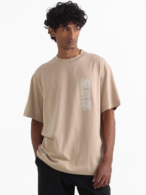 studiofit by westside beige printed relaxed fit t-shirt