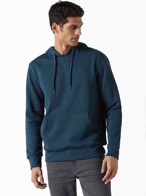 wes casuals by westside solid teal hoody neck relaxed fit sweatshirt