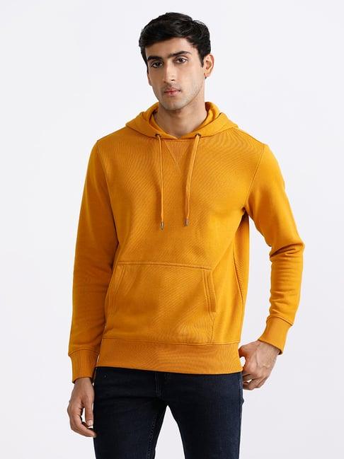 wes casuals by westside solid mustard hoody neck relaxed fit sweatshirt