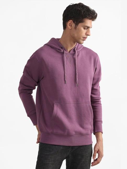 wes casuals by westside solid purple hoody neck relaxed fit sweatshirt