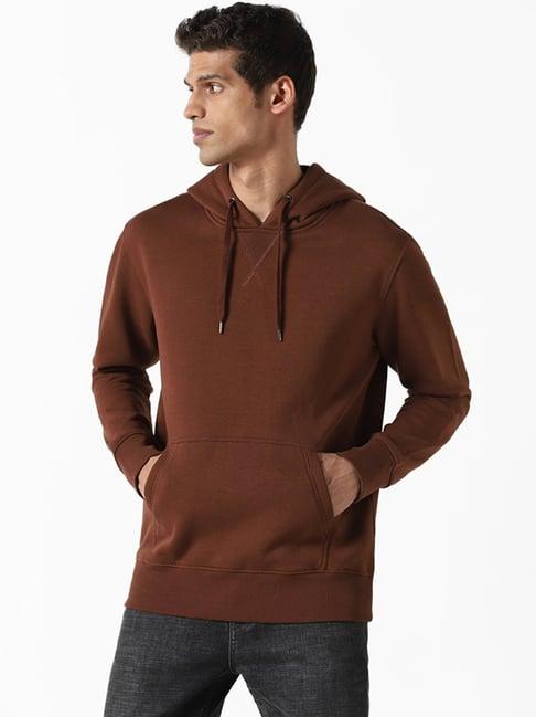 wes casuals by westside solid brown hoody neck relaxed fit sweatshirt