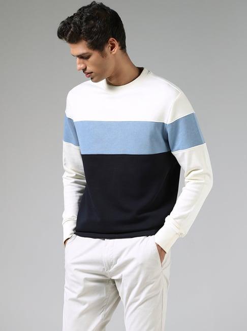 wes casuals by westside white & navy color block relaxed fit sweatshirt