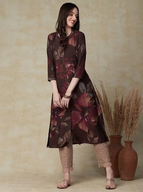 fashor brown floral print straight kurta