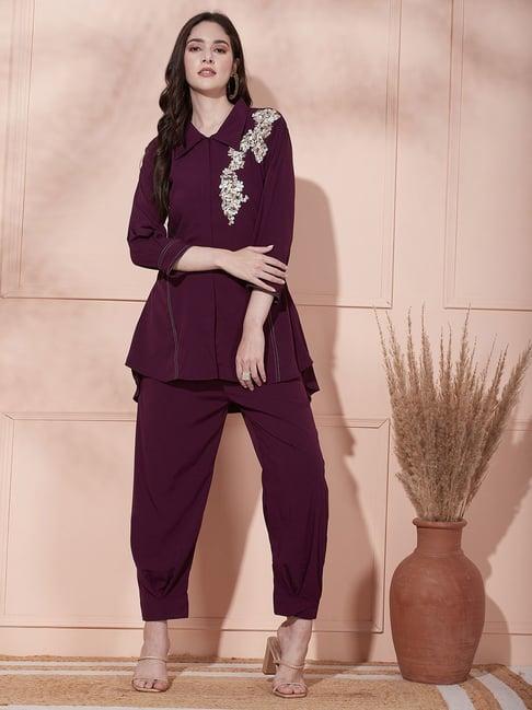 fashor purple embellished tunic pant set