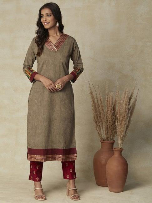 fashor brown cotton embroidered straight kurta