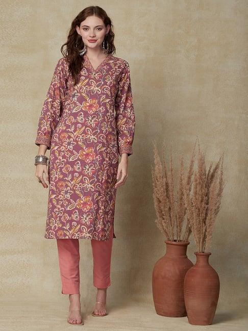 fashor purple cotton floral print straight kurta