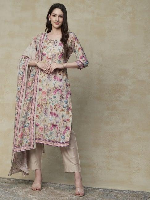 fashor beige printed kurta pant set with dupatta