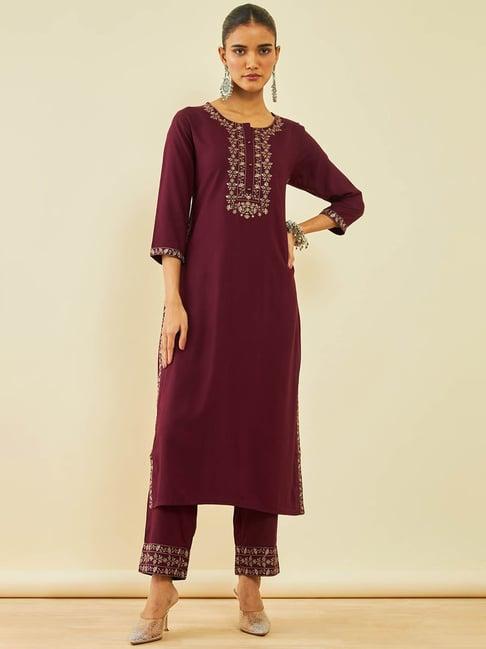 soch wine rayon floral embroidered round-neck straight kurta sets