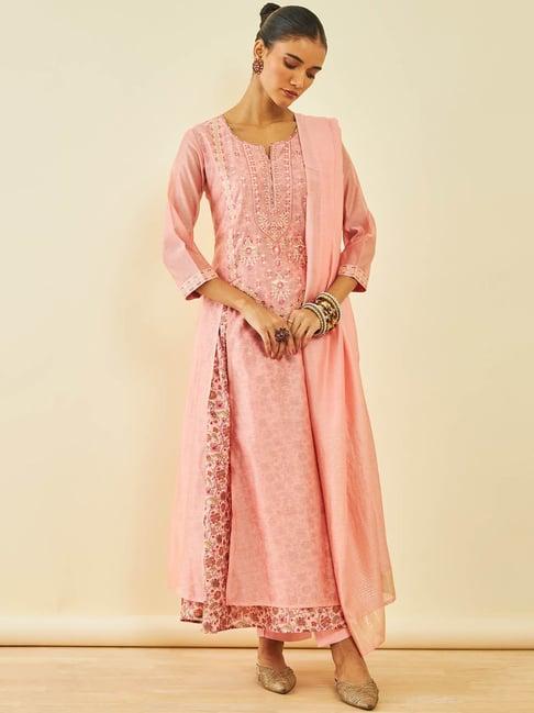 soch blush pink chanderi floral print and embroidered layered suit set