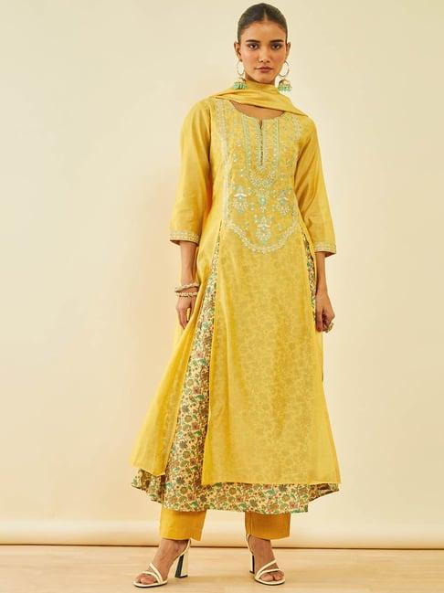 soch mustard chanderi floral print and embroidered layered suit set