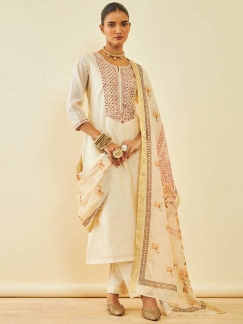 soch cream embroidered kurta pant set with dupatta