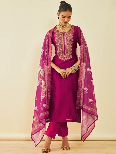 soch magenta chanderi zari embroidered straight kurta sets with dupatta