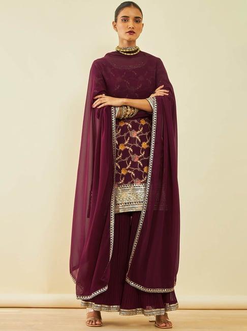 soch maroon brocade floral woven sharara suit set with dupatta