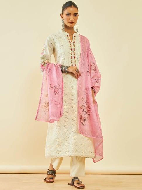 soch off white cotton schiffli embroidered suit set with floral print dupatta