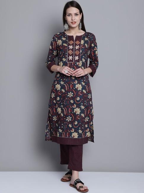 cantabil navy printed kurta with pant & dupatta