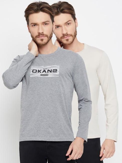 okane grey melange & off white regular fit printed crew t-shirt - pack of 2